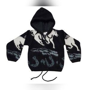 Vtg Indian Maqui 100% Wool Childs Jacket Zipup Coat Native Black & White Horses